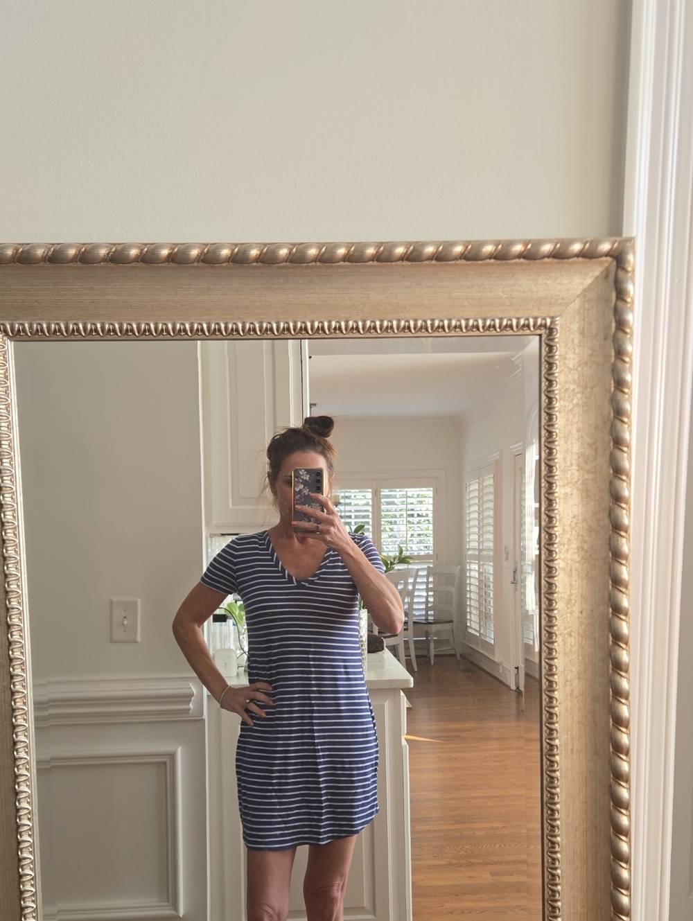 Striped V-Neck T-Shirt Dress in Navy and White
